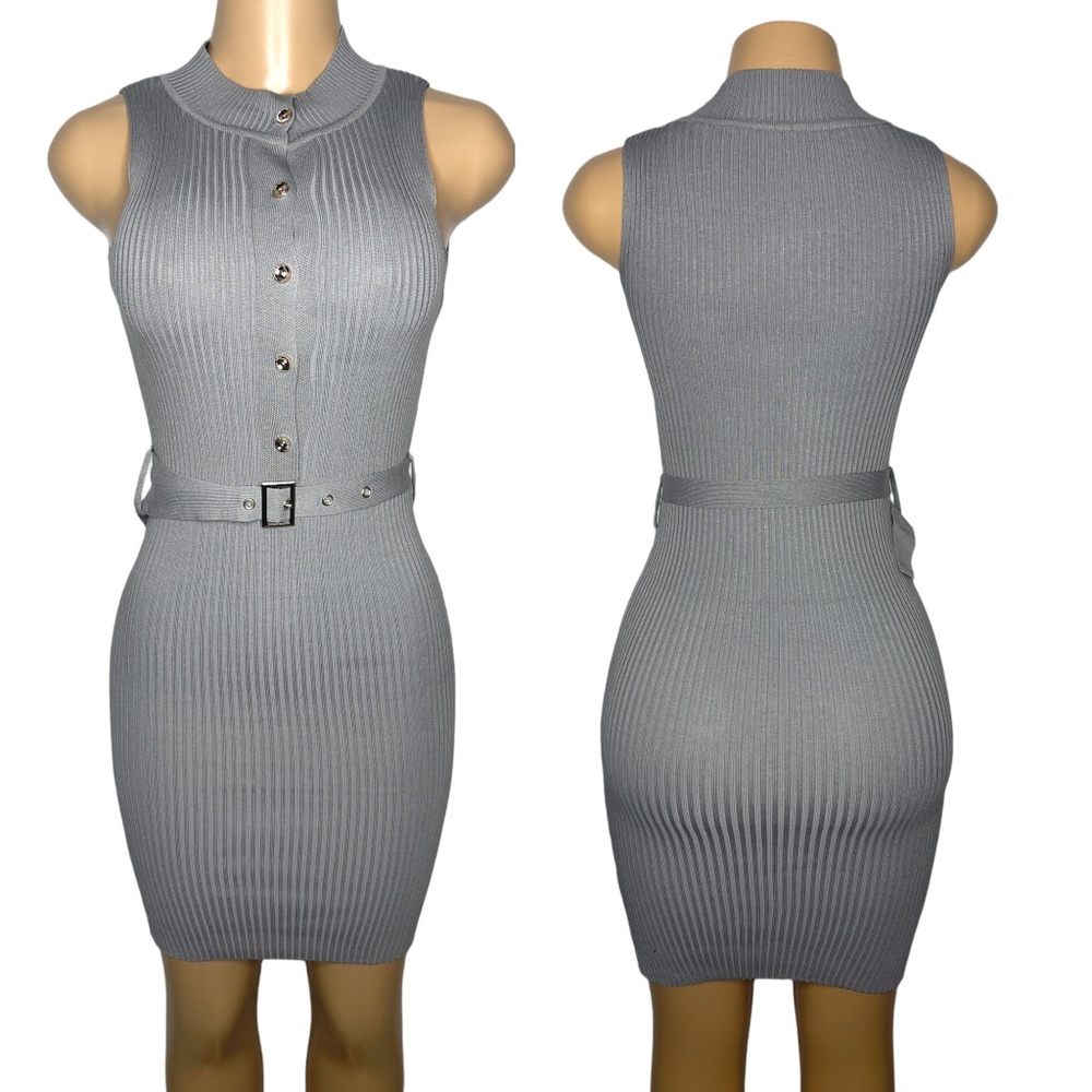 New True Size Small Gray Elegant Women Dress with Belt Halter Bodycom Sexy Dress
